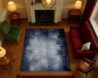Futuristic Grid Rug – 3D Optical Illusion, Modern Tech Decor