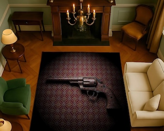 Revolver Collector Rug: Burgundy Western Firearm Design - Man Cave Decor
