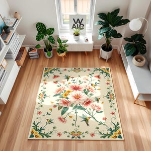 Hummingbird Floral Garden Rug, Cottagecore Home Decor, Elegant Botanical Area Mat, Vintage Style Living Room Carpet, Unique Nature Gift