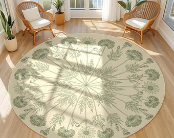 Botanischer Runder Teppich - Beige & Salbeigrüner Floraler Harmonie Teppich