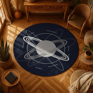 May include: A round, navy blue rug with a gray planet and silver orbital rings design. The rug is a decorative floor covering, perfect for a living room or bedroom. The rug's diameter is approximately 60 inches.