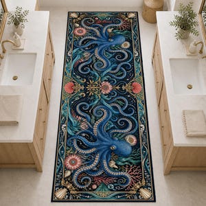May include: A rectangular bathroom rug featuring a detailed illustration of two blue octopuses with swirling tentacles, surrounded by coral, seashells, and floral elements on a dark blue background. The rug has a decorative border.