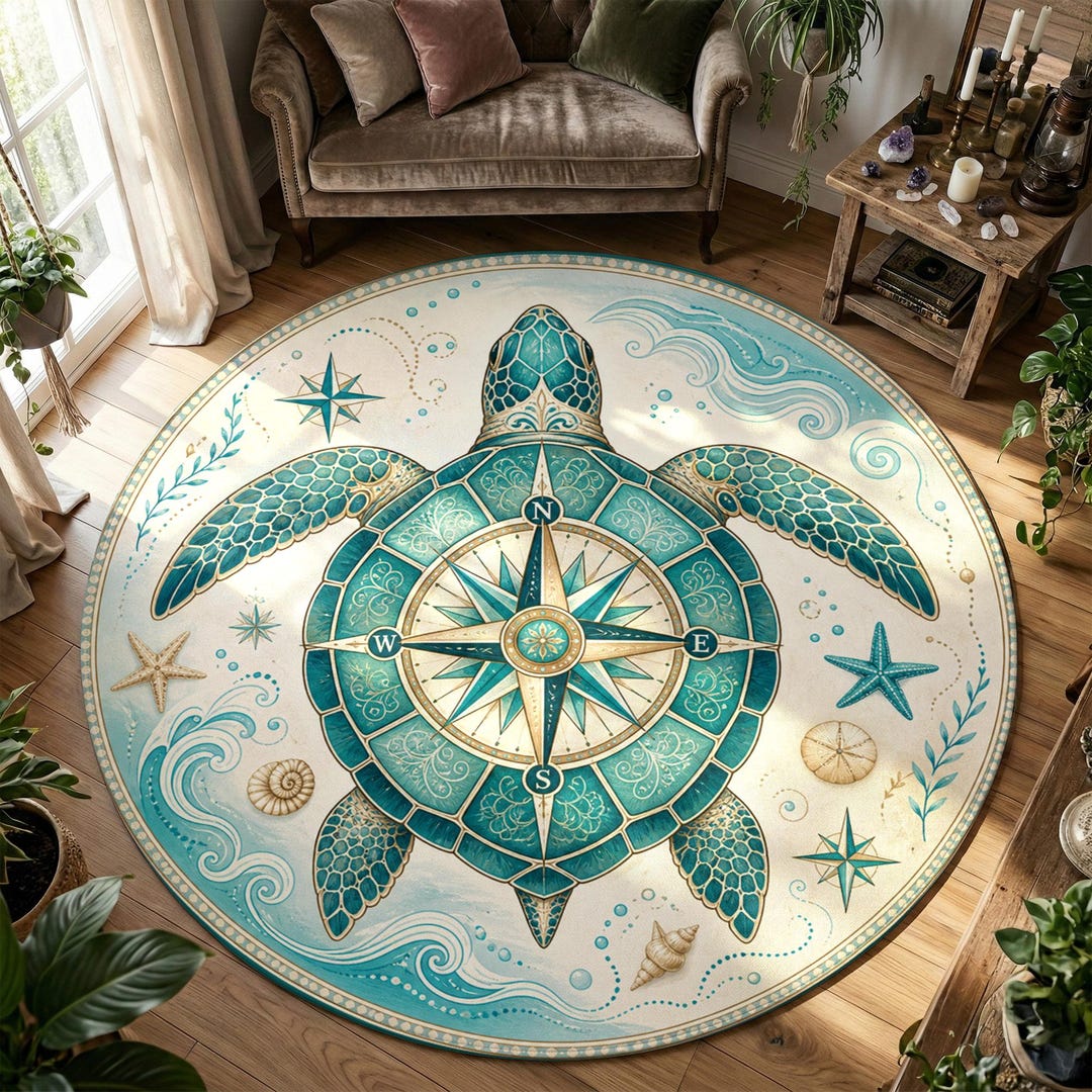 Round Rug Turle Sea Turtle Round Rug, Coastal Compass Nautical Rug for Beach House ...