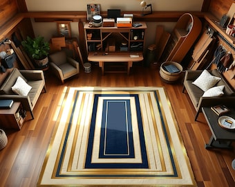 Art Deco Geometric Area Rug | Navy Blue, Gold Accent