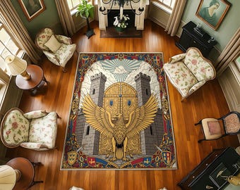 Golden Griffin Castle Rug: Gothic Medieval Fantasy Decor
