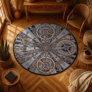 Puede incluir: Una alfombra redonda con un diseño de engranajes steampunk. La alfombra presenta una compleja disposición de engranajes, piñones y elementos mecánicos en tonos grises, beige y marrón. La alfombra tiene un borde negro y está colocada sobre un suelo de madera.