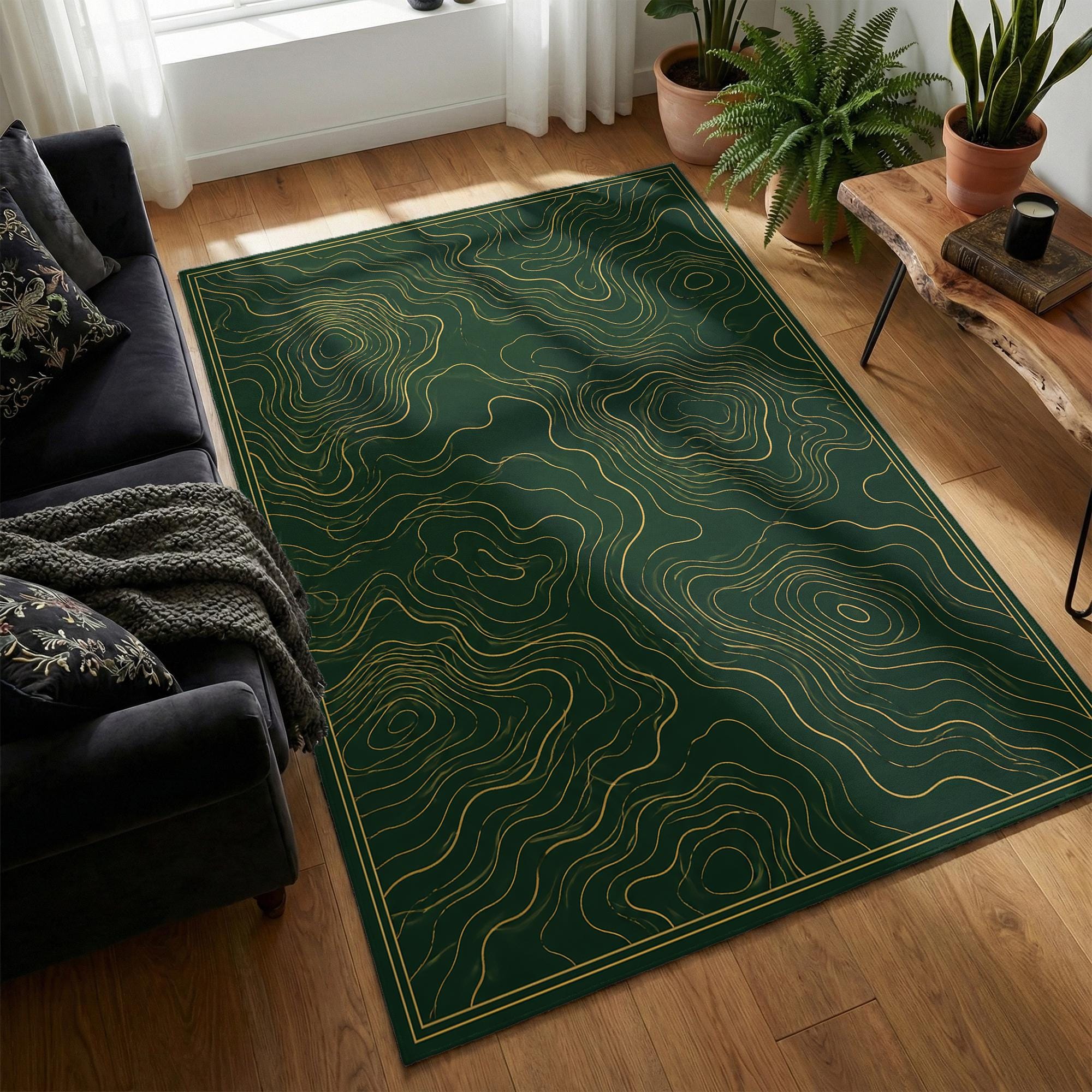 Modern Abstract Topographic Map Rug, Green Line Art Area Rug ...