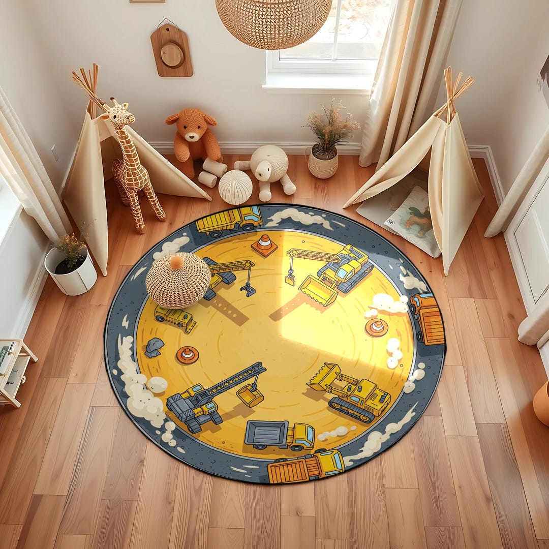 Work Site Rug Construction Site Round Rug, Kids Playroom Decor - Etsy