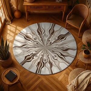 May include: A round area rug with a beige background and a brown, abstract design. The pattern resembles a stylized sunburst or mandala, with flowing lines and shapes radiating from the center. The rug is placed on a hardwood floor.