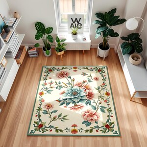 Floral Garden Area Rug, Elegant Flower Pattern Carpet, Botanical Living Room Decor, Vintage Style Floor Mat, Unique Spring Home Gift