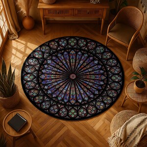 K&ouml;nnte beinhalten: Ein runder Teppich mit einem Buntglasfenster-Design. Der Teppich hat einen schwarzen Rand und ein zentrales kreisf&ouml;rmiges Muster mit radialen Linien und farbenfrohen, geometrischen Formen in Blau, Rot, Gr&uuml;n und Gelb.