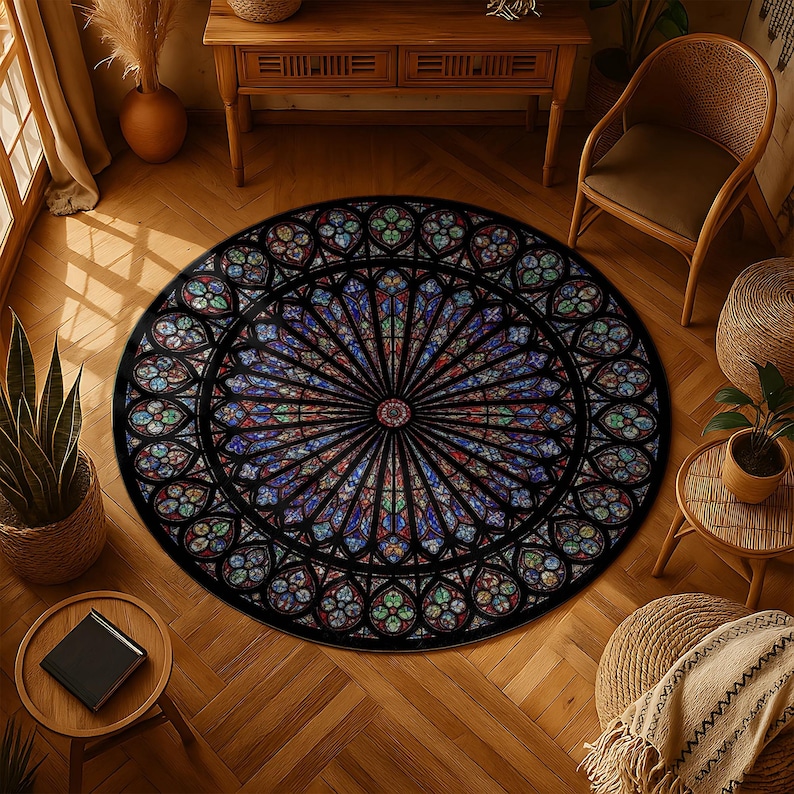 K&ouml;nnte beinhalten: Ein runder Teppich mit einem Buntglasfenster-Design. Der Teppich hat einen schwarzen Rand und ein zentrales kreisf&ouml;rmiges Muster mit radialen Linien und farbenfrohen, geometrischen Formen in Blau, Rot, Gr&uuml;n und Gelb.