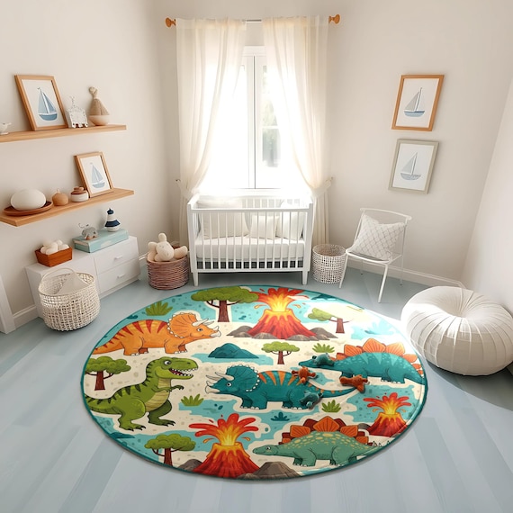 Dinosaur Play Mat Volcano Rug, Prehistoric Kids Room Decor, Boys