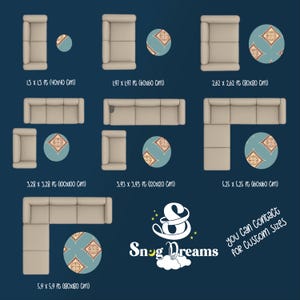 K&ouml;nnte beinhalten: Draufsicht auf verschiedene beige Ecksofas und runde Beistelltische mit einem t&uuml;rkisfarbenen und gemusterten Design. Die Abmessungen sind in Fu&szlig; und Zentimetern angegeben. Der Text "Snog Dreams" und ein Hinweis auf Sondergr&ouml;&szlig;en.