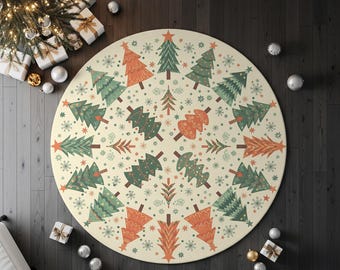May include: A circular Christmas rug featuring a cream background with a repeating pattern of green and orange Christmas trees and snowflakes. The rug is surrounded by Christmas decorations.