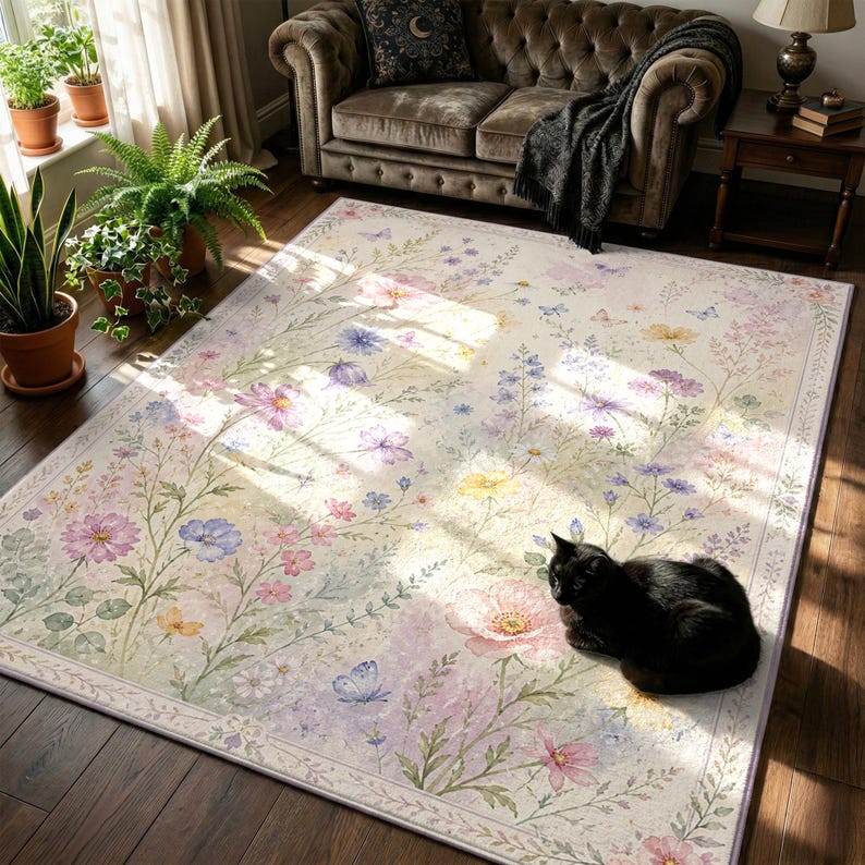 Pattern Floral Whimsical Rug Whimsical Watercolor Wildflower Rug, Soft Pastel Meadow Area Rug ...
