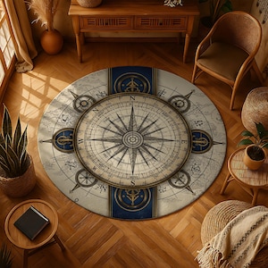 Może przedstawiać: Okrągły dywan o tematyce żeglarskiej z dużym wzorem róży wiatrów w odcieniach beżu, brązu i niebieskiego. Dywan ma szczegółowe tło mapy i różę wiatrów pośrodku. Ozdobne kotwice i kompasy umieszczone na krawędzi.
