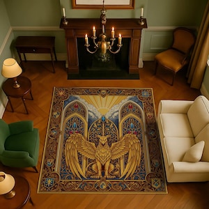 Medieval Griffin Rug – Fantasy Golden Beast Carpet with Gothic Stained Glass and Heraldic Shields, Regal Room Decor for Mythology Fans