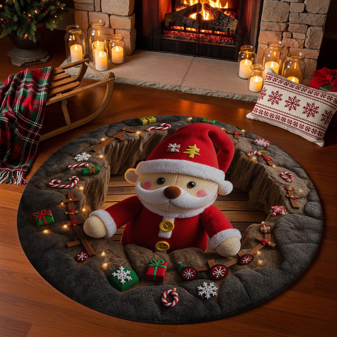 Santa Christmas 3D Illusion Rug, Holiday Kids Play Mat - Etsy