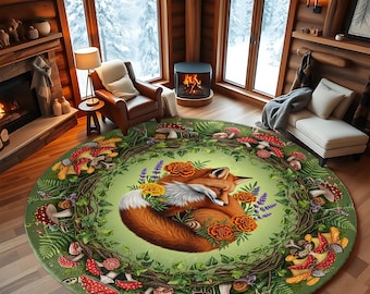 Alfombra redonda Fox – Decoración Cottagecore de bosque encantado