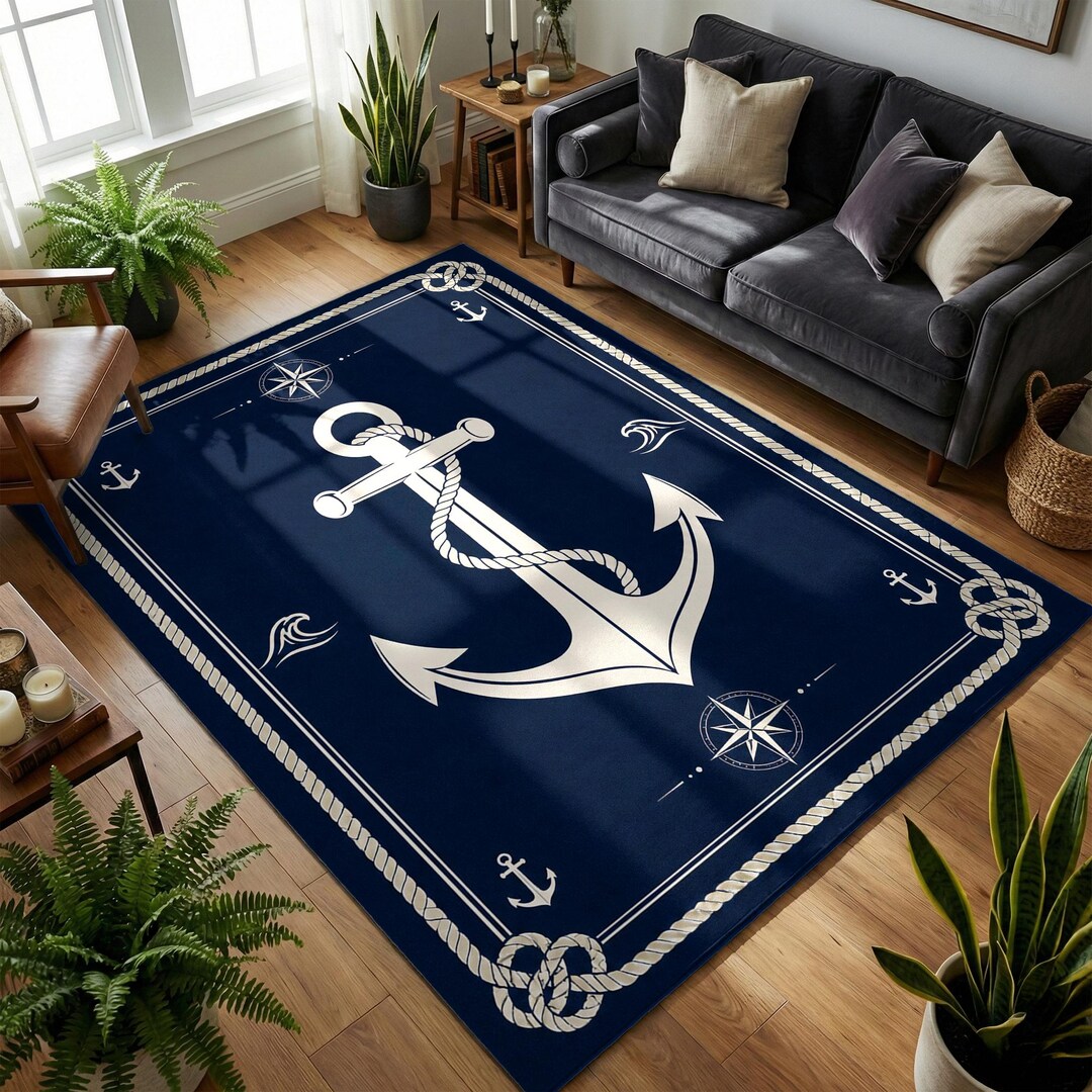Coastal Navy Blue Anchor Rug, Nautical Sailor Style Print, Beach House ...