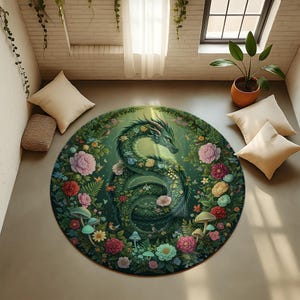 Tapete redondo de dragão – Tapete de dragão verde encantado com padrão floral e florestal, decoração de criatura mítica, tapete espiritual boho de fantasia para casa