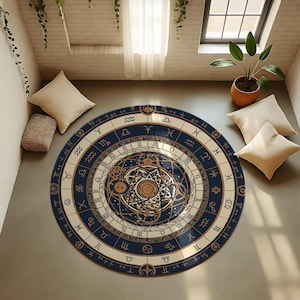 Pode incluir: Um tapete redondo com uma borda azul marinho com símbolos do zodíaco e algarismos romanos. O centro tem um design complexo com engrenagens e um padrão de estrela nas cores ouro e creme. O tapete está em um chão cinza.