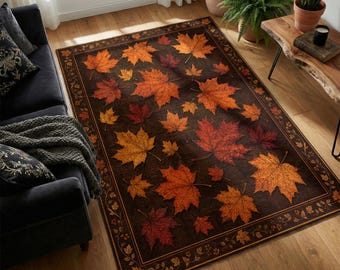 May include: Rectangular rug with a dark brown base, adorned with orange, red, and yellow maple leaves. The rug has a decorative border with floral and leaf motifs. Ideal for a living room, the rug's dimensions are suitable for various spaces.