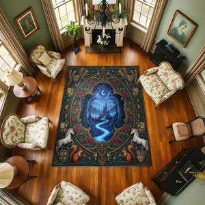 Enchanted Castle Rug – Fantasy Gothic Carpet with Moonlit River, Unicorn & Squirrel Accents, Medieval Fairytale Boho Home Decor