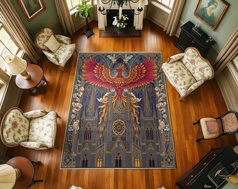 Phoenix Fire Bird-tapijt: gotische kathedraal-gebrandschilderd glas, fantasiehuisdecoratie