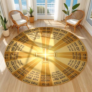 Könnte beinhalten: Ein runder Teppich mit einem goldgelben und braunen Design. Der Teppich hat ein zentrales Kreuzdesign mit radialen Linien und hebräischen Texten am Rand. Der Teppich liegt auf einem hellen Holzboden.