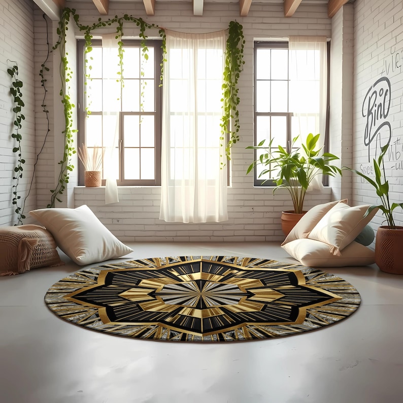 Starburst Rug Gold Art Deco Round Rug | Black, Gold Starburst, Geometric Design - Etsy