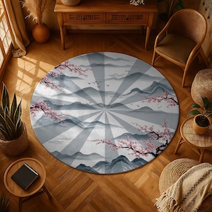 Asian Landscape Round Rug | Japanese Cherry Blossom Floor Covering | Zen Mountain Design | Serene Home Accent | Thoughtful Home Present