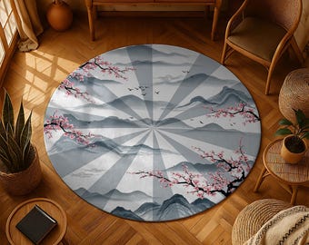 Cherry Blossom Round Rug | Asian Landscape Zen Design