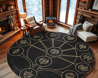 Occult Circle Symbol Rug – Golden Emblem, Witchy Decor