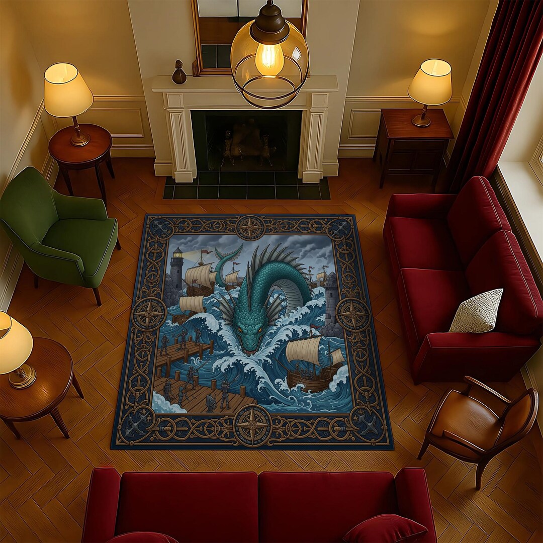 Sword Fish Rug Sea Serpent Rug: Nautical Dragon & Viking Ship Fantasy Carpet - Etsy