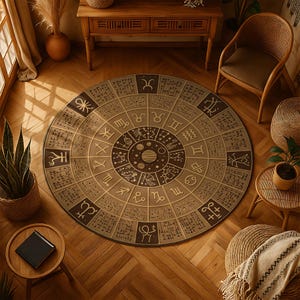 Può includere: Un tappeto rotondo beige con un design zodiacale con simboli astrologici e costellazioni. Il tappeto ha un motivo circolare centrale ed è circondato da un bordo con vari simboli. È posizionato su un pavimento in legno, con mobili e piante sullo sfondo.