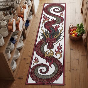 Tapete Dragon Runner – Tapete de dragão vermelho de fogo fantasia para cozinha, corredor e entrada, tapete boho mítico asiático para decoração mística de casa