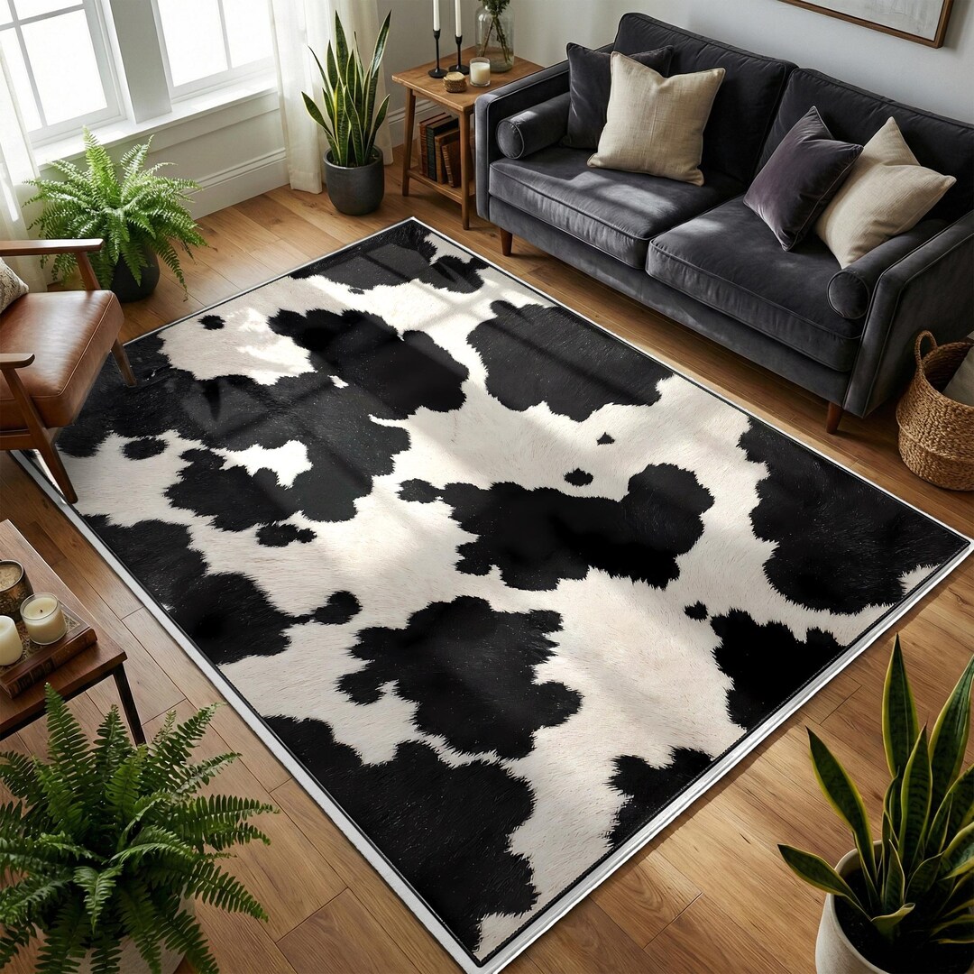 Rustic Farmhouse Cow Hide Print Rug, Realistic Faux Animal Skin Texture ...