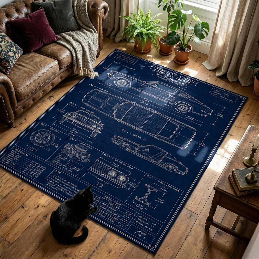 Industrial Blueprint Classic Car Rug, Vintage Automotive Patent Print ...
