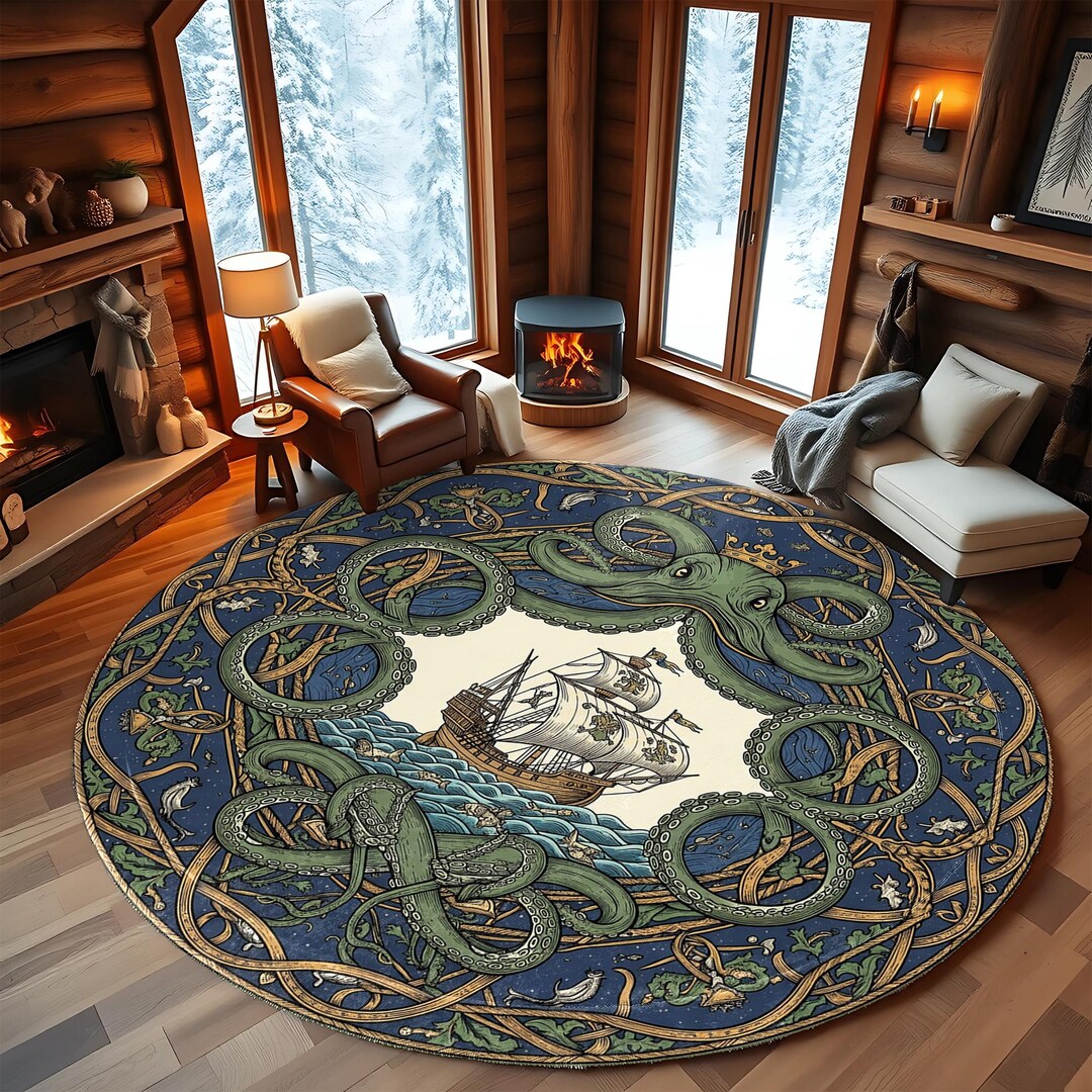 Kraken Round Rug – Nautical Pirate Ship, Fantasy Ocean Decor - Etsy