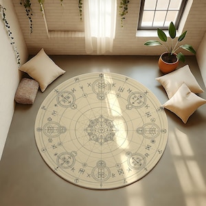 Runic Circle Alchemy Rug – Minimal Nordic Sigil Design in Beige And Gray, Perfect for Mystical & Modern Zen Spaces