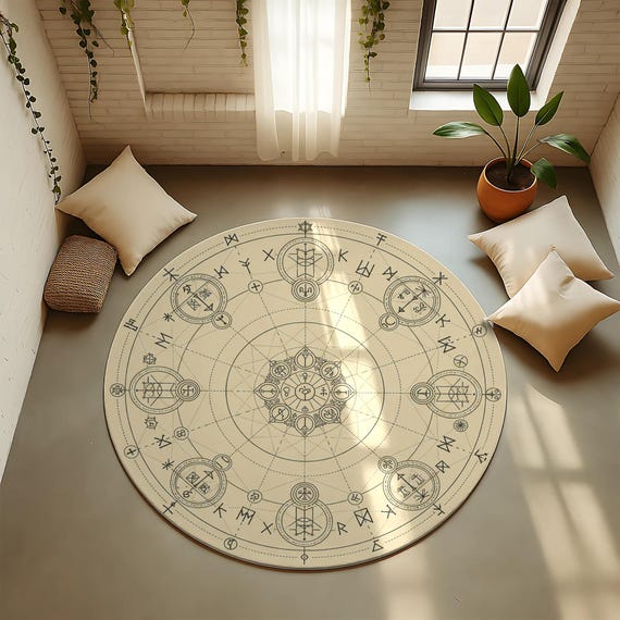 Runic Circle Rug – Beige & Gray Nordic Alchemy Design - Etsy