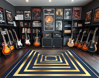 Art Deco Geometric Area Rug | Navy Blue, Gold Concentric Squares