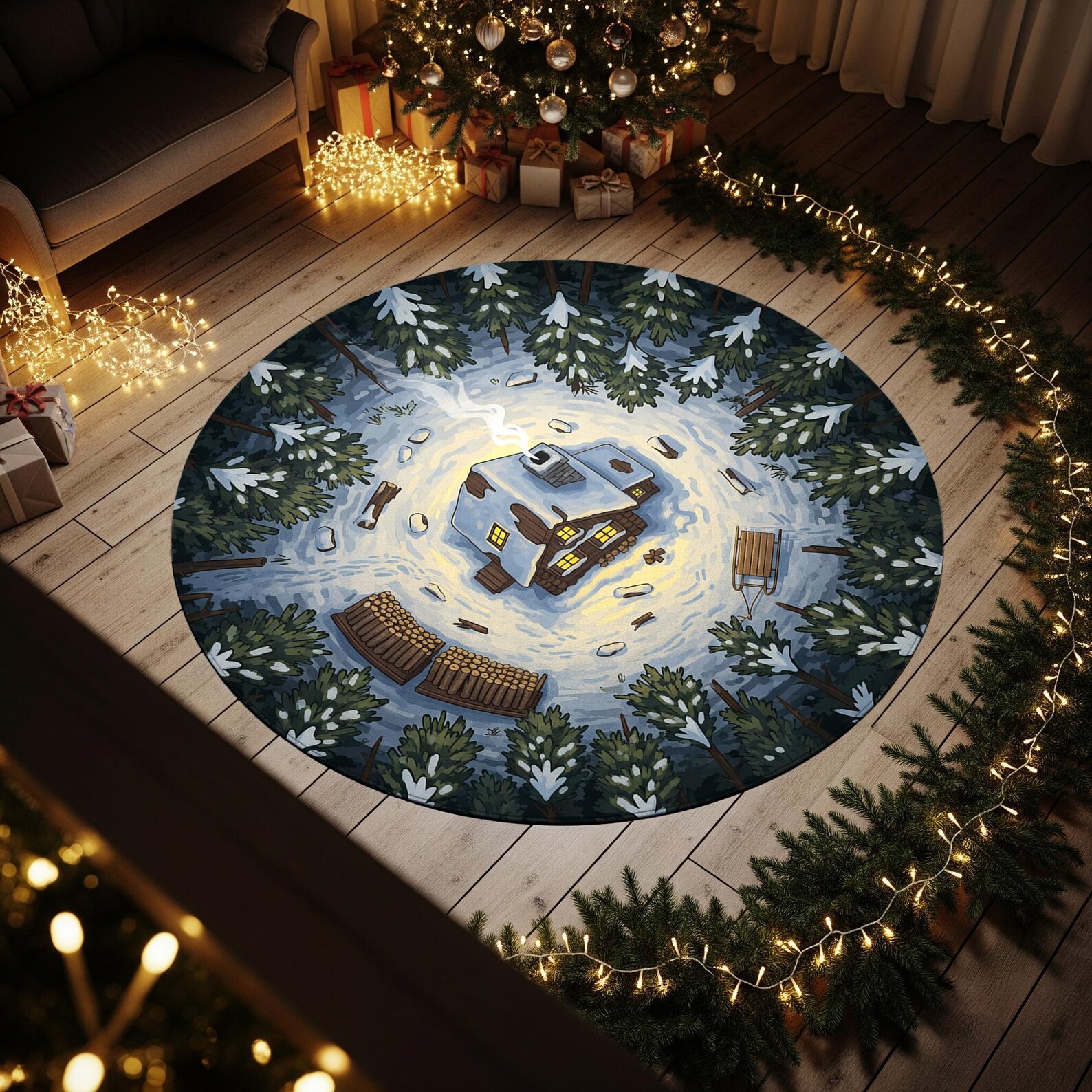 Winter Cabin Round Rug: Snowy Forest Christmas Lodge Decor - Etsy
