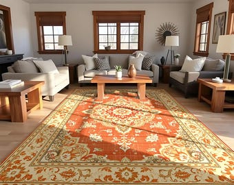 Distressed Orange Medallion Rug | Vintage Persian Style
