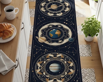 Dywanik Celestial Runner: Astrologia, planety i fazy księżyca – Boho Cosmic Decor