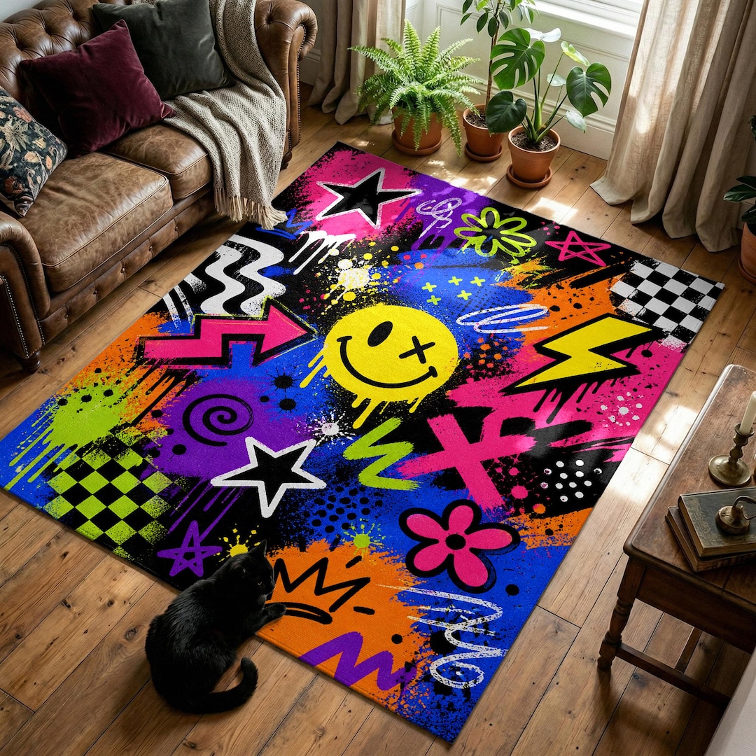Retro 90s Streetwear Aesthetic Rug, Urban Graffiti Art Print Carpet ...