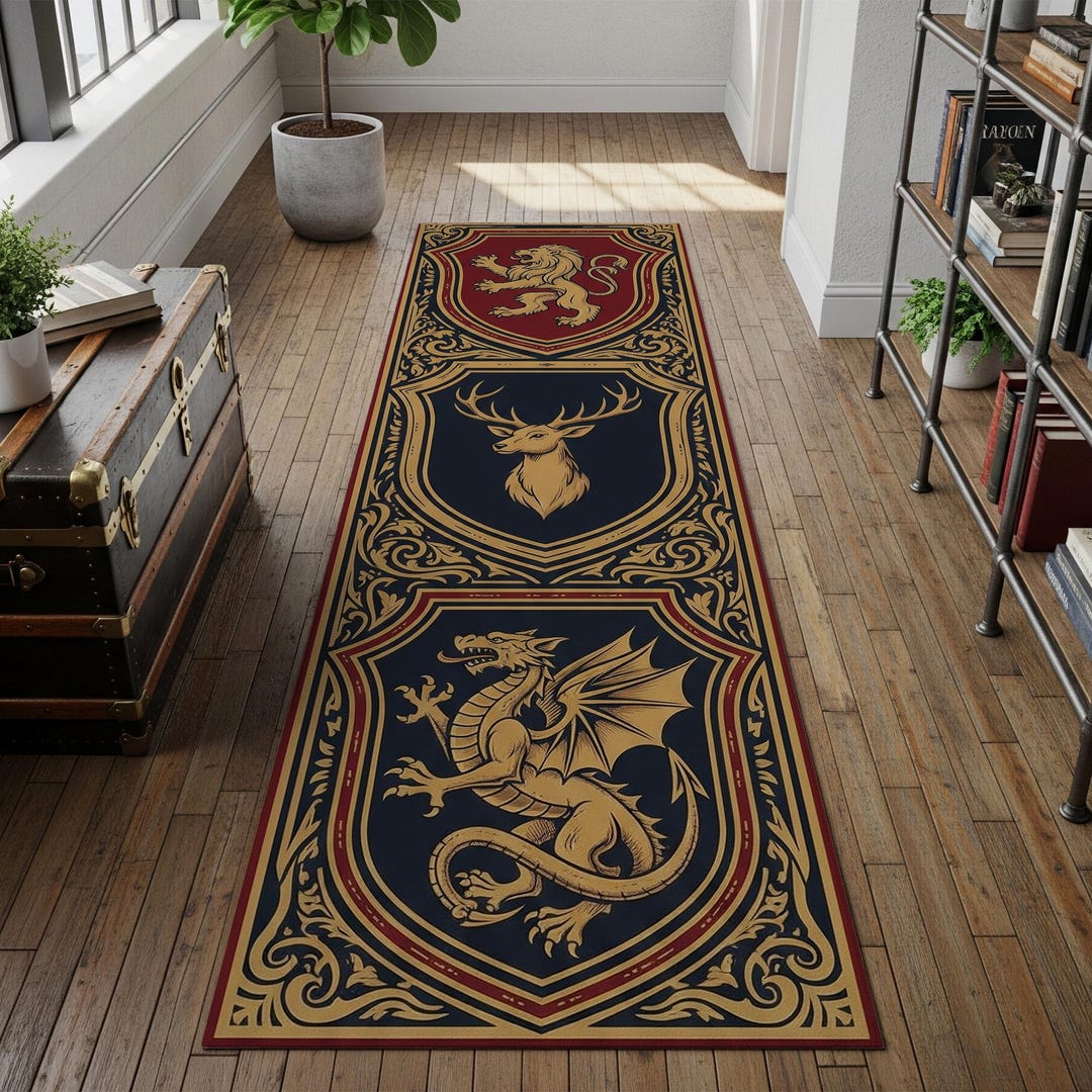 Colorful Rug Medieval Medieval Heraldry Runner Rug: Gothic Lion, Stag & Dragon Crest - Etsy