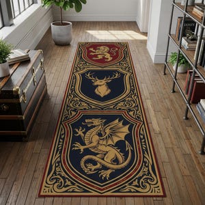Medieval Heraldry Runner Rug – Fantasy Crest Carpet with Lion, Stag & Dragon Symbols, Gothic Hallway Mat for Castle Inspired Home Decor